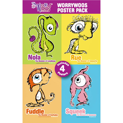 Four WorryWoo Posters - Nola, Rue, Squeek, & Fuddle