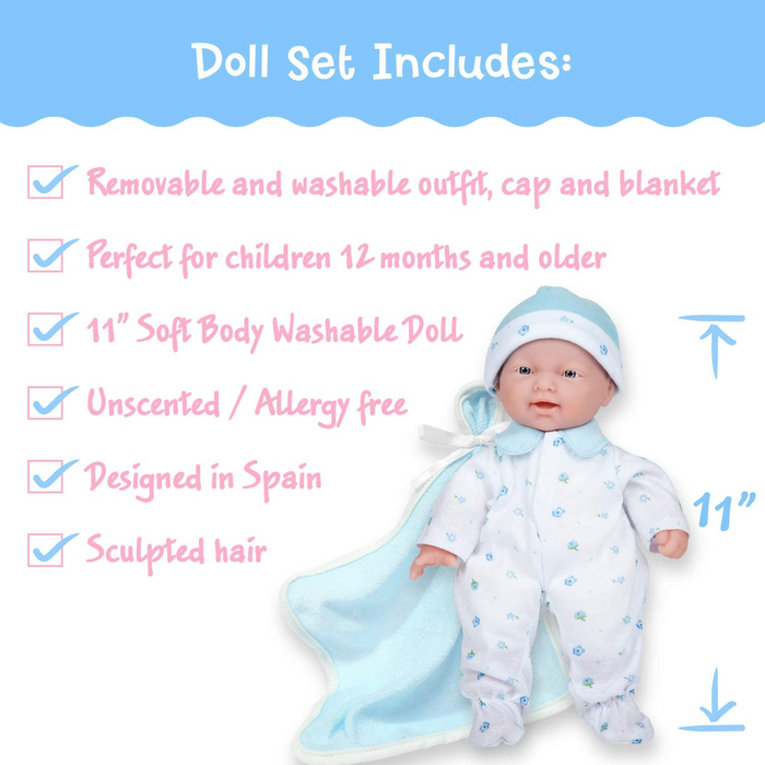 La Baby Muñeca bebé de cuerpo suave de 11 pulgadas en azul con características realistas