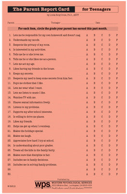 Parent Report Card for Teens (set of 20)
